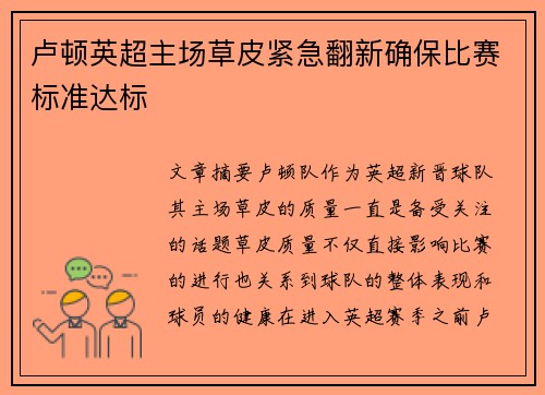 卢顿英超主场草皮紧急翻新确保比赛标准达标 卢顿英超主场草皮紧急翻新确保比赛标准达标